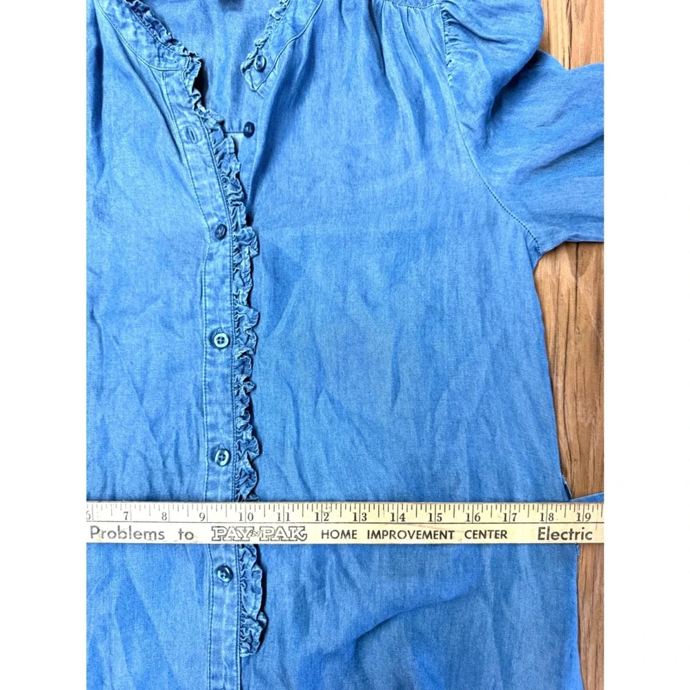 Saks Fifth Avenue Women S Dress Denim‎ Ruffle Belted Button Up Country Cowgirl